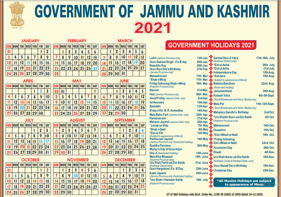 J K Govt Calendar Pdf Download 21 Holidays List 21
