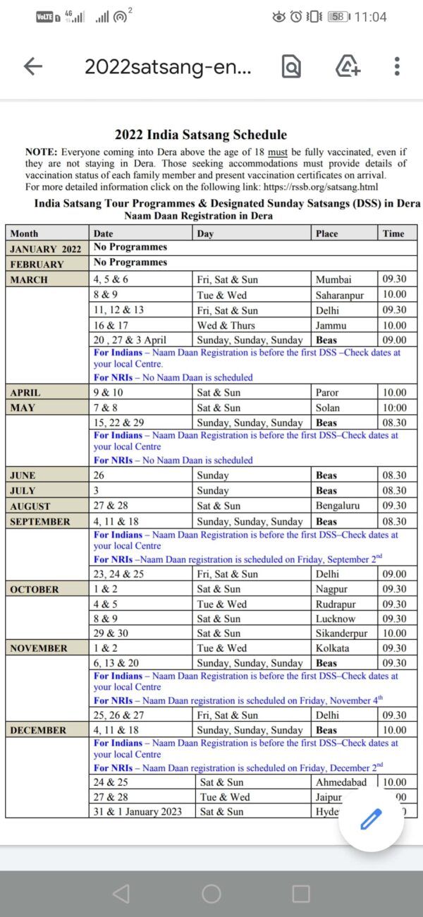 RSSB Radha Soami Satsang Beas Schedule 2022 2023 (PDF List)