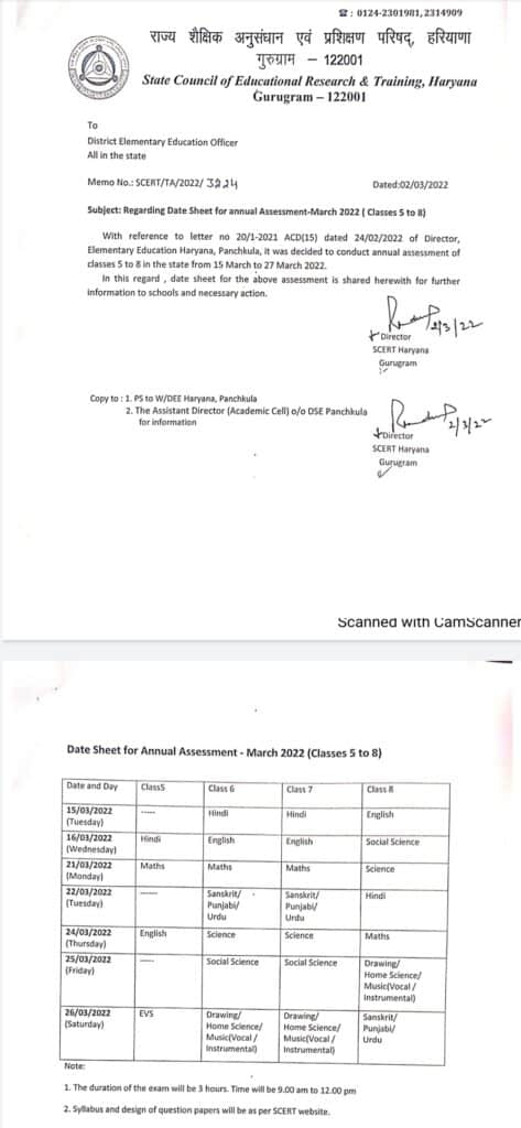 Haryana Board Govt School Date Sheet Class 1st to 8th (March 2024) 3