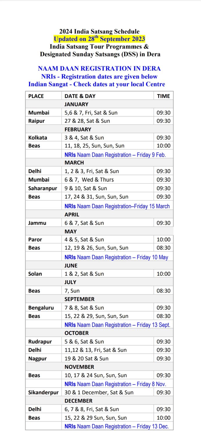 RSSB Radha Soami Satsang Beas Schedule 2024 (PDF List)