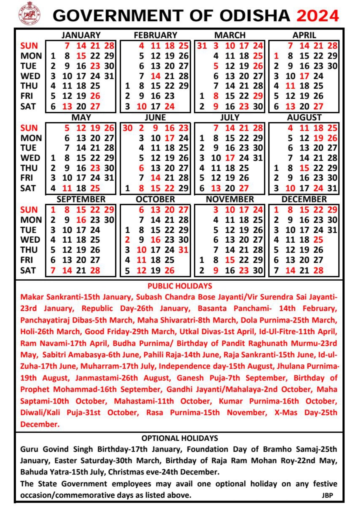 Download Odisha Govt Calendar in PDF Gazetted Holidays 2024